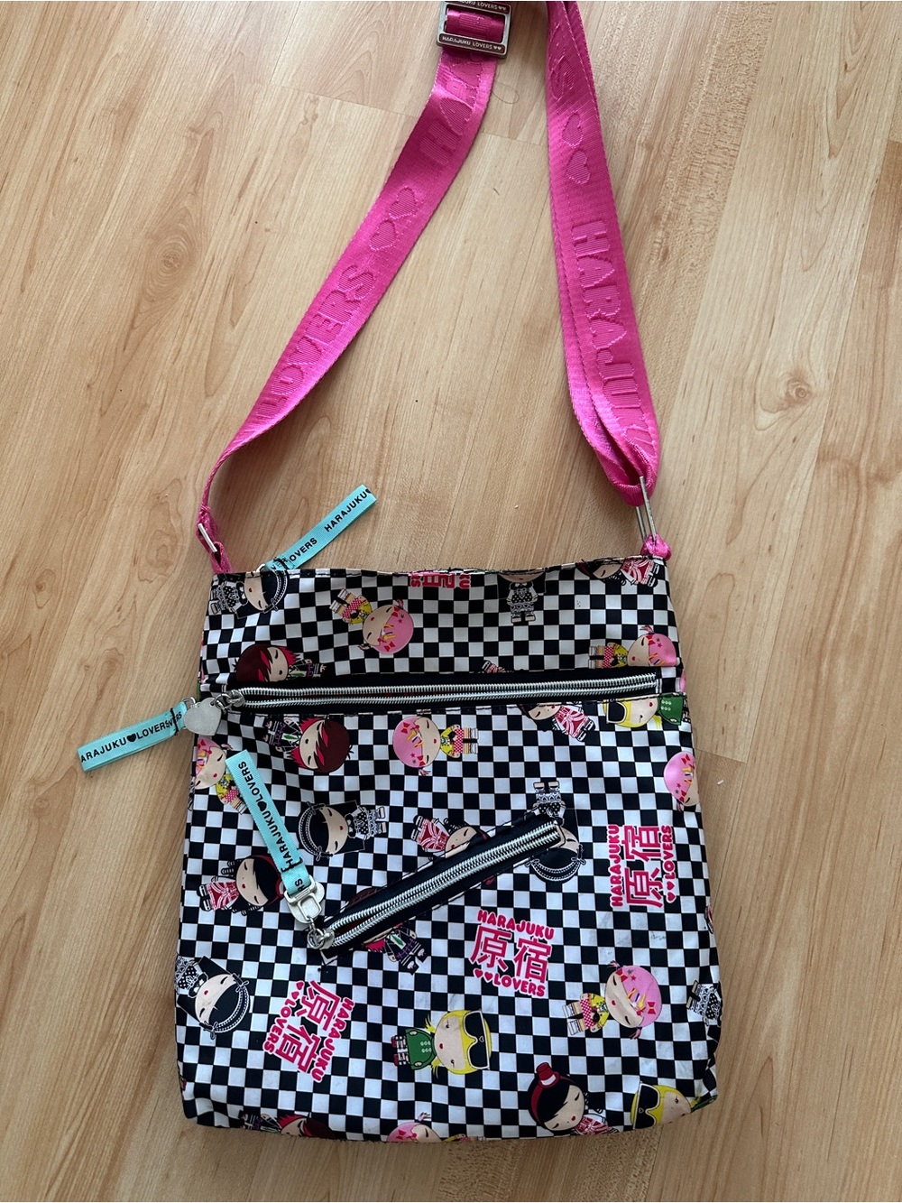 Harajuku Lovers Black-and-White Checkerboard Crossbody with Hot Pink Strap